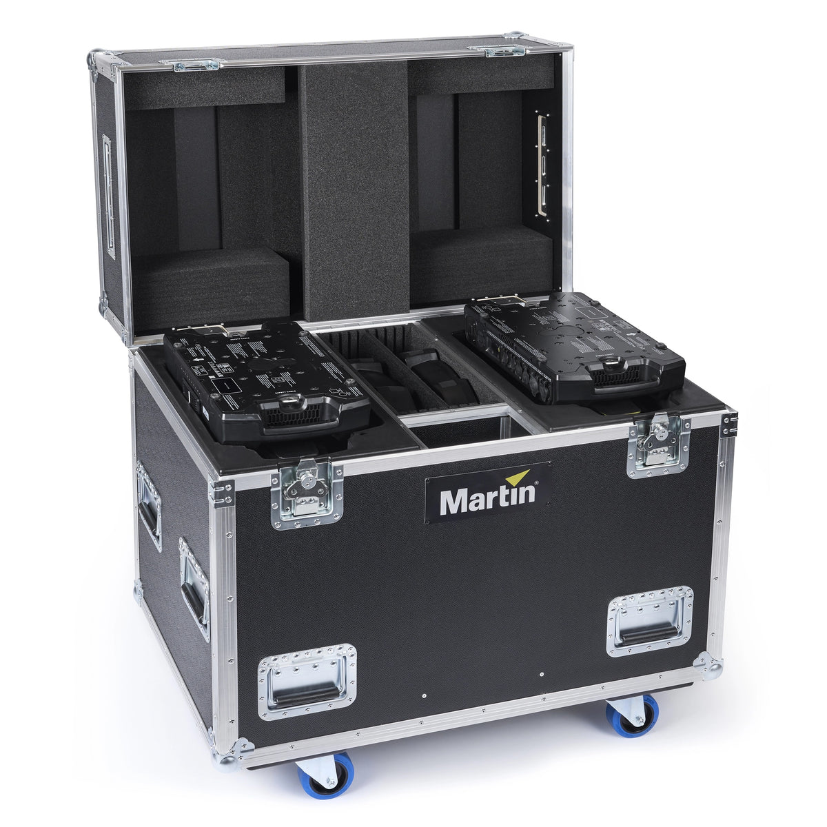 Flightcase for 2 MAC Aura Raven XIP open three-quarter view with two fixtures seated in foam cutouts, lid raised, recessed handles and blue casters, Martin Lighting
