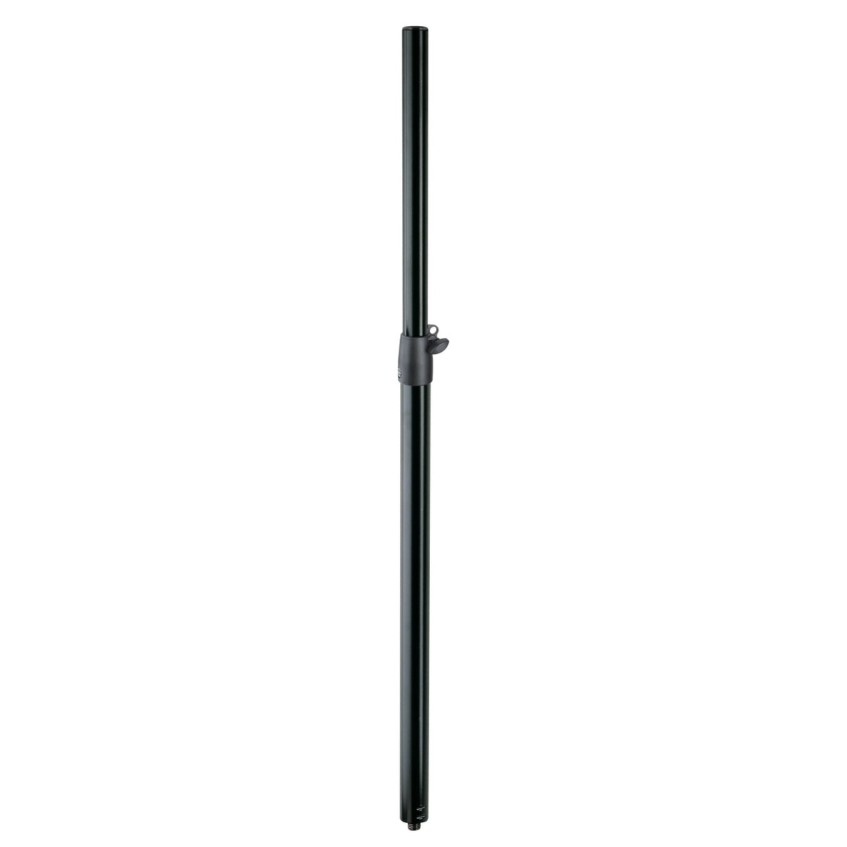 21351 steel distance rod speaker pole full-length front view with black telescoping tubes and clamp collar with locking lever at the midpoint, K&M