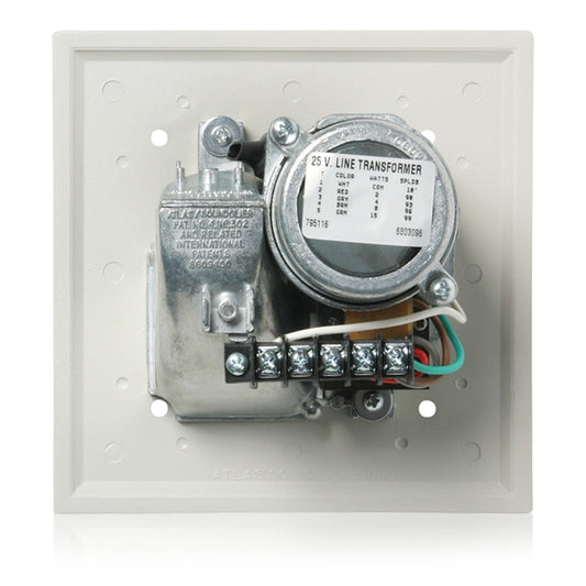 AtlasIED VTF-157UCN rear view showing line transformer, tap label, and screw terminal strip wiring