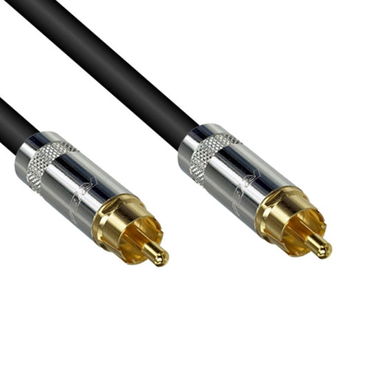 Close-up of ProCo Sound S/PDIF 75 cable RCA plugs with knurled chrome barrels and gold pins