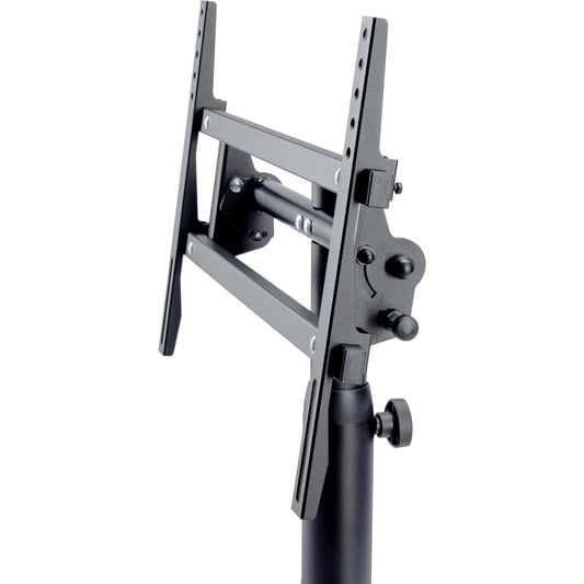 26787 mobile monitor stand mounting bracket close-up showing tilt adjustment knobs, VESA hole slots and height clamp knob on the column, K&M