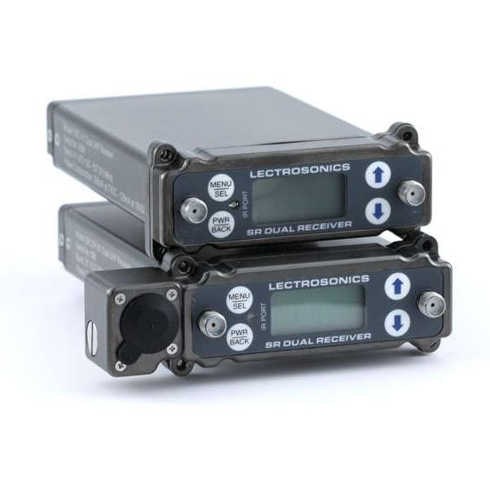 SRc dual-channel slot receiver, two units stacked in three-quarter front view showing LCD display, MENU/SEL and PWR/BACK buttons, up/down arrows, IR port and dual antenna connectors, Lectrosonics