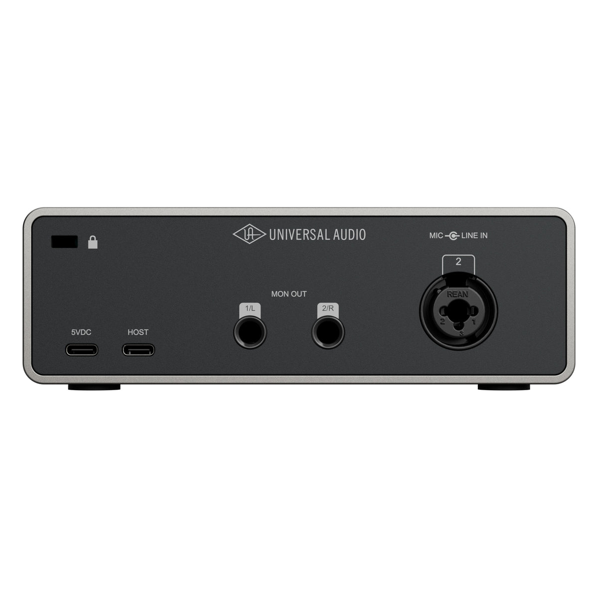 Volt 1 Gen 2 rear panel showing combo XLR/TRS mic-line input 2, two 1/4 inch monitor outputs, USB-C host and 5VDC ports and lock slot, Universal Audio