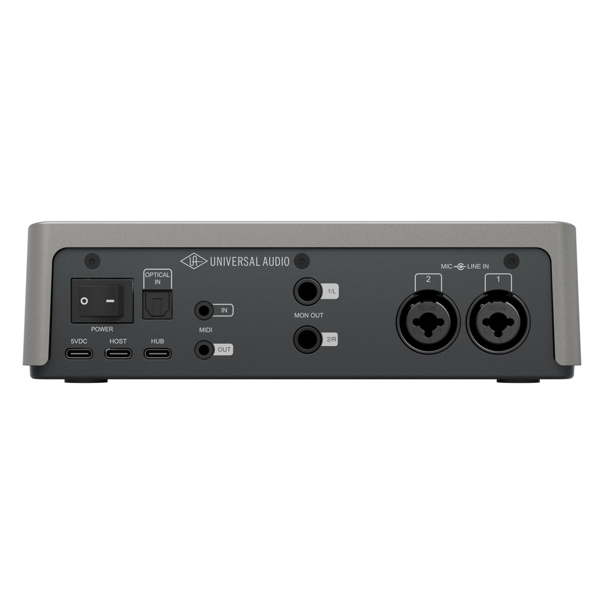 Volt 2 Max rear panel showing combo XLR/TRS mic-line inputs, monitor outs, MIDI in/out, optical in, USB-C ports and power switch, Universal Audio