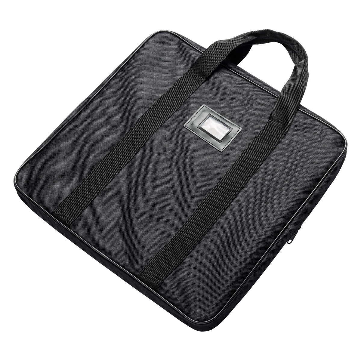 246 Series base plate carrying case 406 x 406 mm top three-quarter view in black nylon with webbing carry handles and clear ID label window, K&M