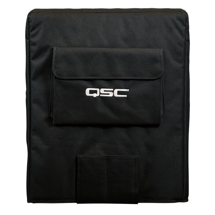 CS18-CVR front view of black subwoofer cover with flap pocket displaying white QSC logo and lower pass-through slot, QSC