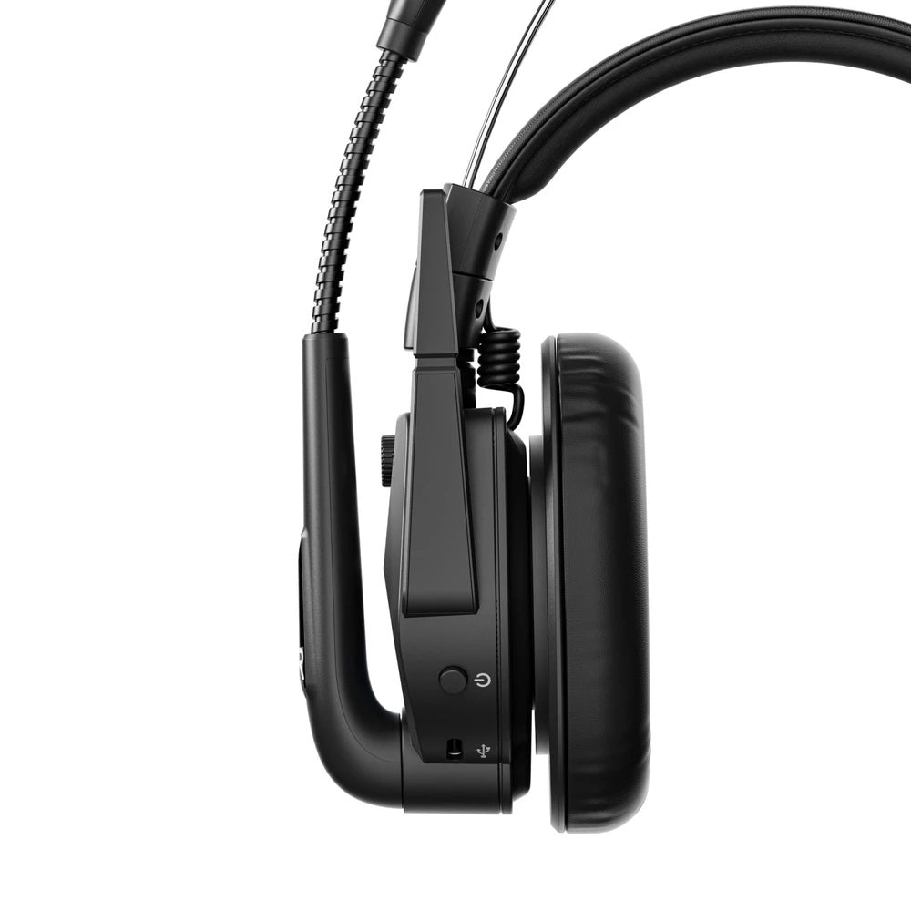 WiTALK9 headset side profile close-up of leatherette earpad, power button and USB-C charging port, Saramonic