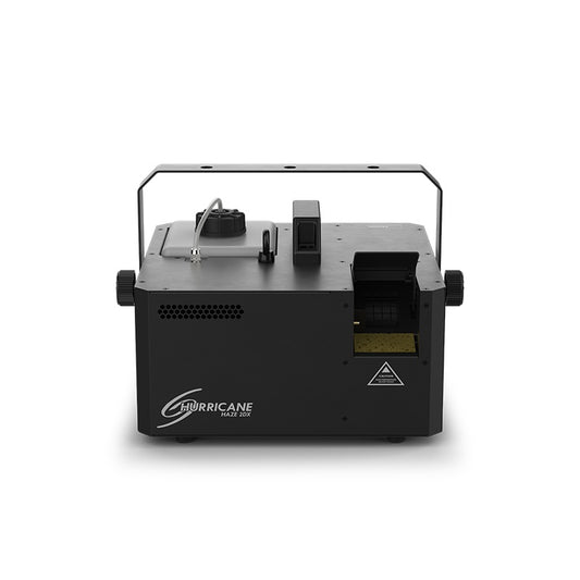 Hurricane Haze 2DX front view with haze output grille, translucent fluid tank and adjustable yoke knobs, Chauvet DJ