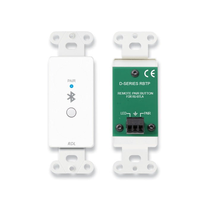 D-RBTP Decora-style Bluetooth pairing remote front and rear views showing PAIR button with blue LED and green circuit board with 3-pin removable terminal block, RDL