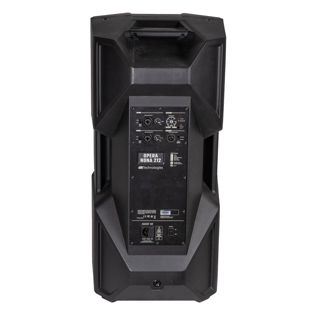 OPERA NONA212 rear amplifier panel with XLR inputs, gain and DSP preset controls, and powerCON mains connectors, dBTechnologies