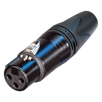 NC3FXX-BAG-D XX Series 3-pin female XLR cable connector angled view showing black metal shell, chuck-type strain relief and three-socket insert, Neutrik