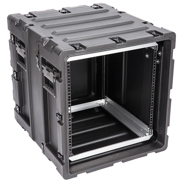 3RS-11U20-22B 11U rack case open angled view highlighting shock-isolated rack frame inside black shell, SKB