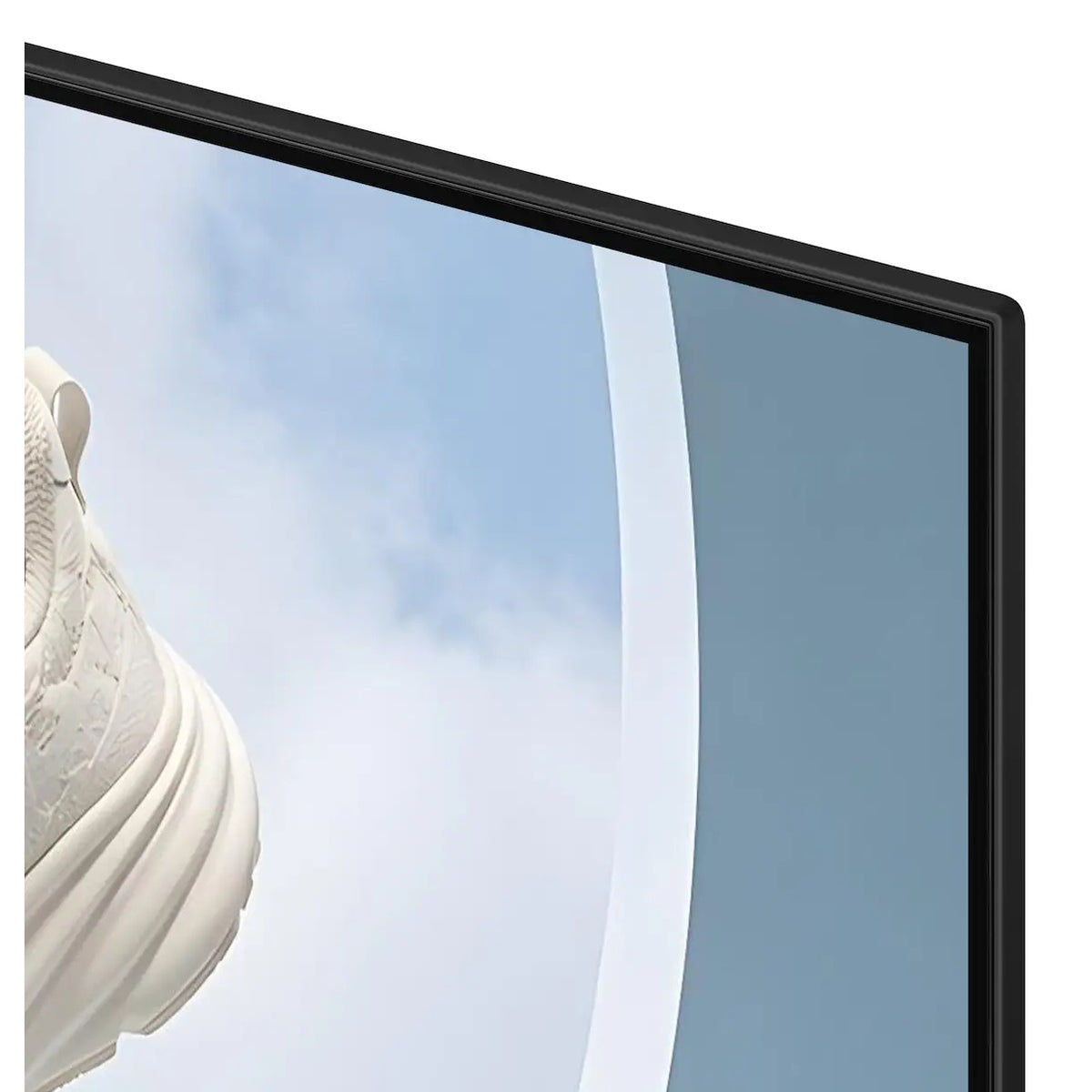 BE43HX-H 43" commercial display top corner close-up showing thin black bezel edge around the screen, Samsung