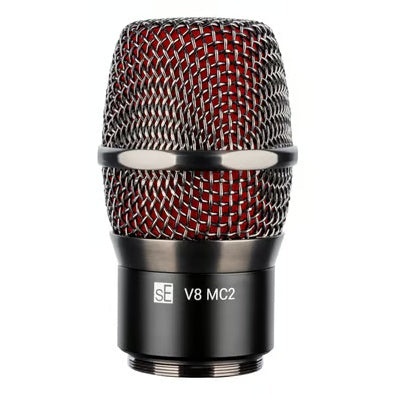 V8 MC2 supercardioid mic capsule for Sennheiser front view with red-lined mesh grille, graphite gray band and threaded base visible, sE Electronics