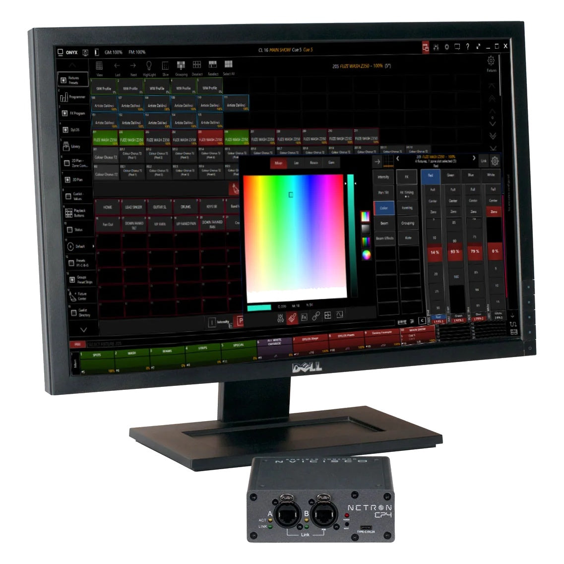 NRE023 EP4 node pictured with ONYX lighting control software on monitor showing color picker and fixture grid, OBSIDIAN Control Systems
