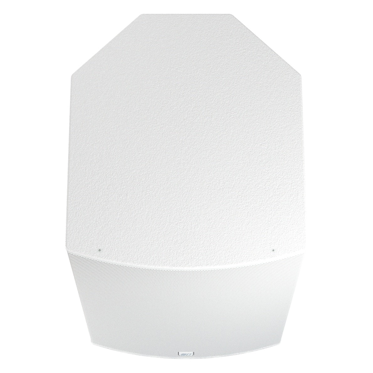 Mia-X 12 top-down view showing chamfered textured white cabinet top and curved front grille edge, DAS Audio