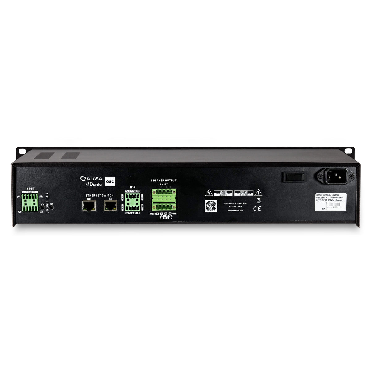 Integral-MA1502 rear panel showing Euroblock inputs, dual Ethernet switch ports with Dante, GPIO, speaker output terminals and IEC power inlet, DAS Audio