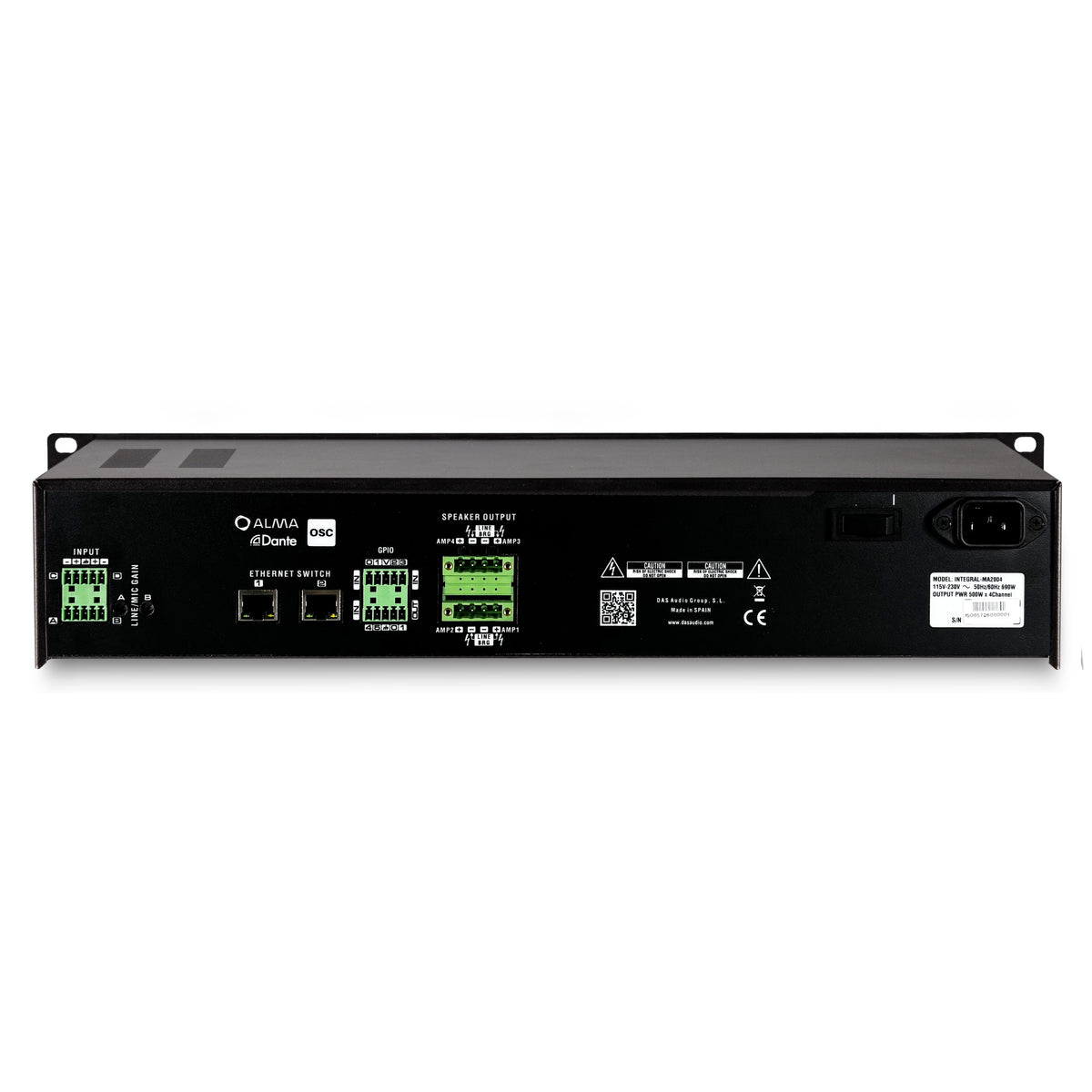 Integral-MA2004 rear panel showing Euroblock inputs, dual Ethernet switch ports for Dante, GPIO, speaker outputs and IEC mains inlet, DAS Audio