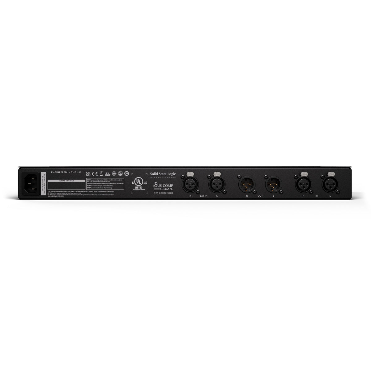 Bus Comp Classic rear panel showing IEC power inlet and six XLR connectors for external sidechain, stereo in and stereo out, Solid State Logic