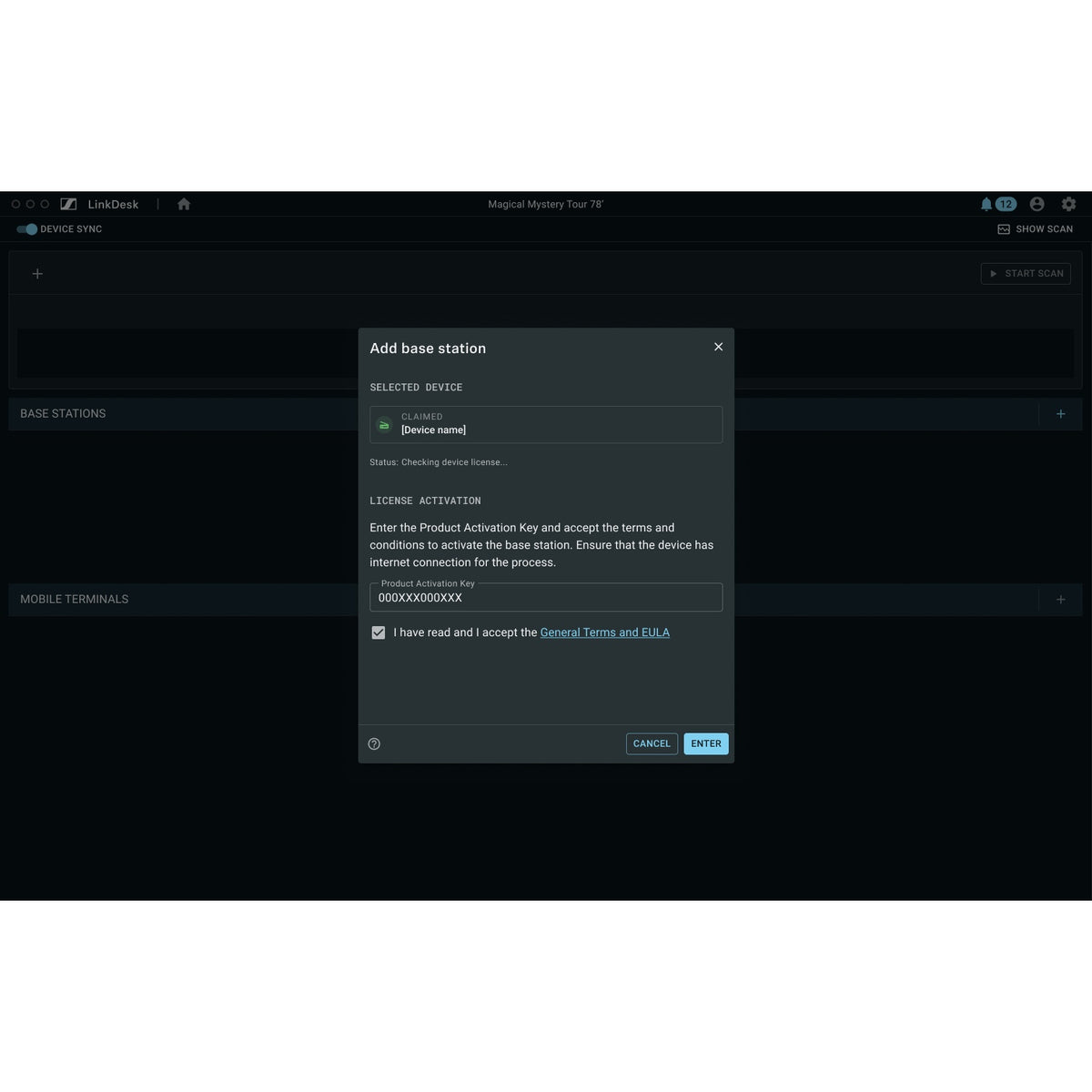 Spectera Zone 02 activation license screenshot of the LinkDesk Add base station dialog with Product Activation Key field, accepted EULA checkbox and Cancel and Enter buttons, Sennheiser