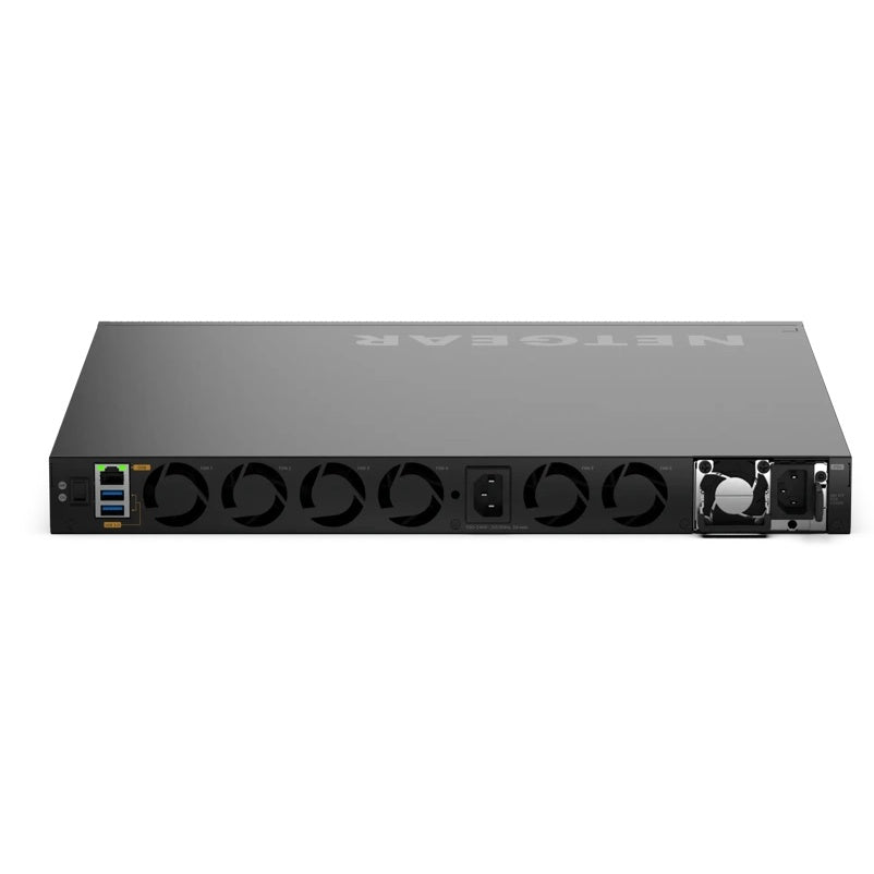 CSM4316 M4350 rear panel showing six fan modules, dual power supply bays, USB ports and management Ethernet port, NETGEAR