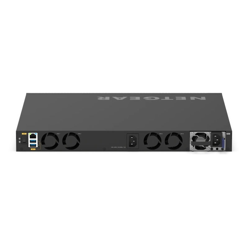 XSM4328CV M4350 rear panel showing RJ45 management port, USB ports, four fans, AC power inlet and redundant power supply slot, NETGEAR