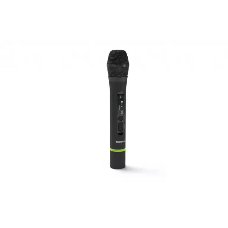 Unite TH upright front view with black mesh grille, control buttons on the handle, and green ring at the base, Televic