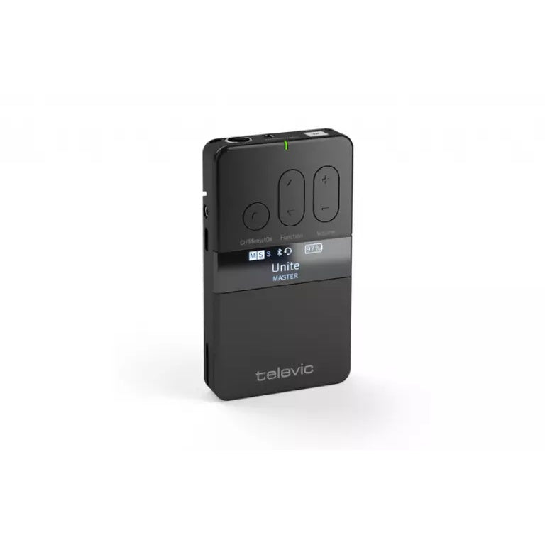 Unite TP front angled view with OLED display reading Unite MASTER, function and volume buttons, and green LED, Televic