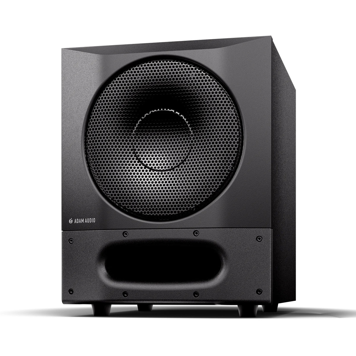 Sub8 Pro subwoofer angled front-left view showing textured black cabinet and isolation feet, Adam Audio
