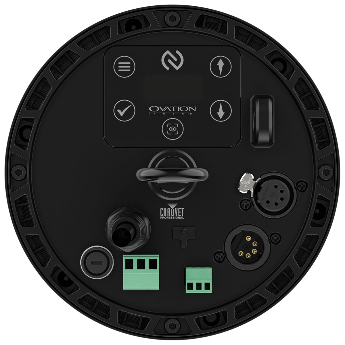 Ovation Rêve H1 RGBCAM houselight top panel detail with menu display buttons, NFC pad, 5-pin DMX, powerCON and green data terminal blocks, Chauvet Pro