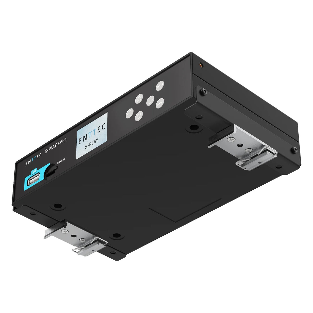S-Play SP1-1 isometric underside view with DIN rail mounting clips attached, Enttec