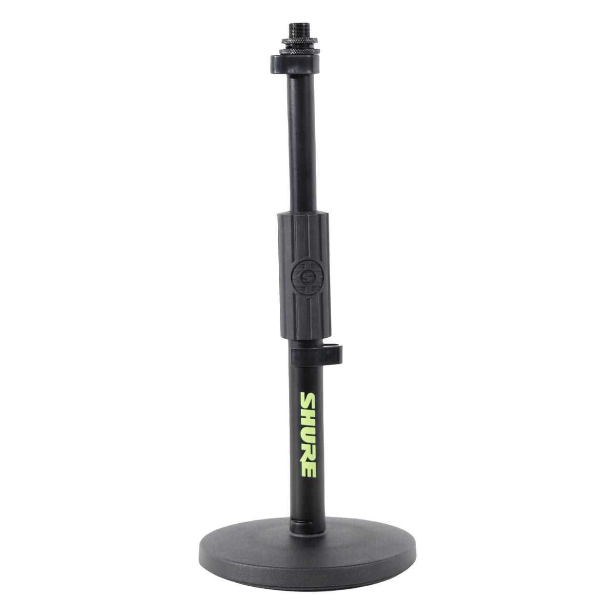 SH-DESKTOP1 6-inch round base desktop mic stand front view with black telescoping tube, thick adjustment collar and 5/8-inch threaded mount, Gator