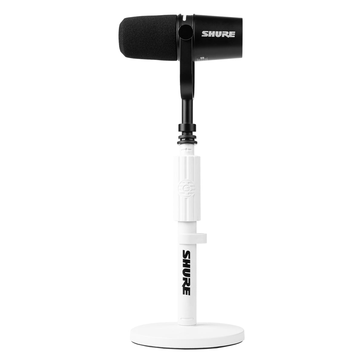 SH-DESKTOP1-W white desktop mic stand in use holding a black Shure microphone with foam windscreen on the threaded mount, Gator
