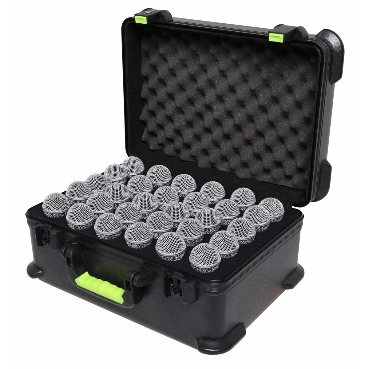 SH-MICCASE30 molded mic case open showing 30 microphone heads seated in black foam drops with egg-crate foam in the lid, Gator