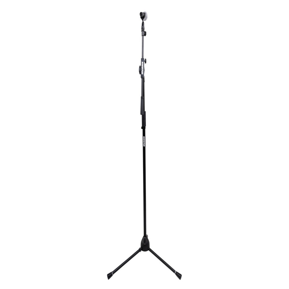 SH-TRIPODSTANDTBM tripod mic stand in straight vertical configuration with boom upright and microphone mounted on top, Gator
