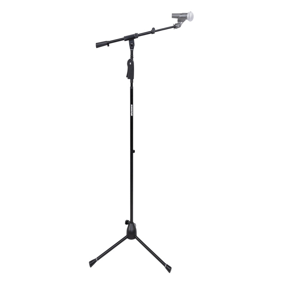 SH-TRIPODSTANDTBMDX deluxe tripod mic stand angled view with boom arm holding a handheld microphone in a clip, Gator