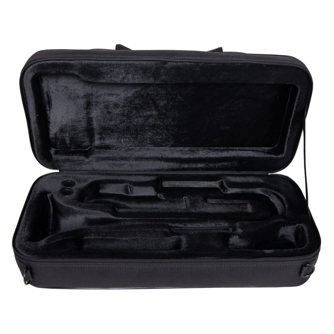 GBB-TRUMPET trumpet case open top-down view showing black plush-lined interior with molded trumpet cavity and mouthpiece holders, Gator