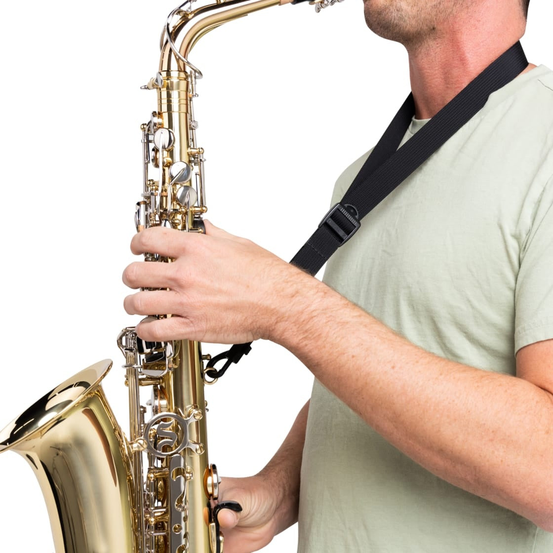 GBNO-SAXSTRAP-BLK sax strap in use on a player holding a brass alto saxophone, with slide buckle visible across the shoulder, Gator