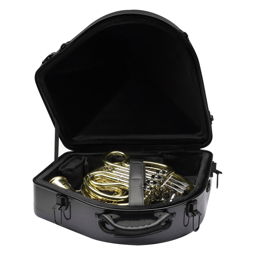 GBPC-FRHORN-DB French horn case open with a brass detachable bell horn secured in black plush interior and leather retaining strap, Gator