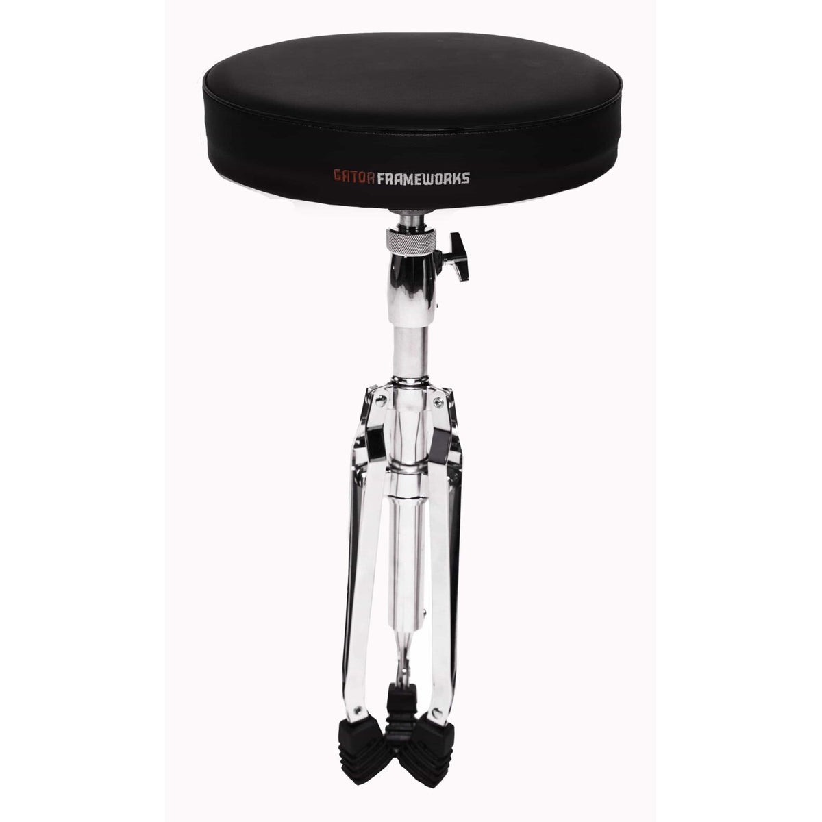 GFW-DRUMTHRONE-R round-top drum throne with tripod legs folded in, showing height adjustment tightening knob and chrome post, Gator