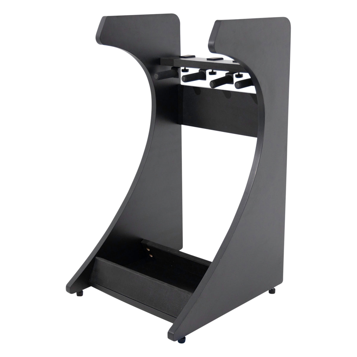 Elite Three guitar rack empty angled view showing black curved side panels, padded neck cradle pegs, and rubber feet, Gator