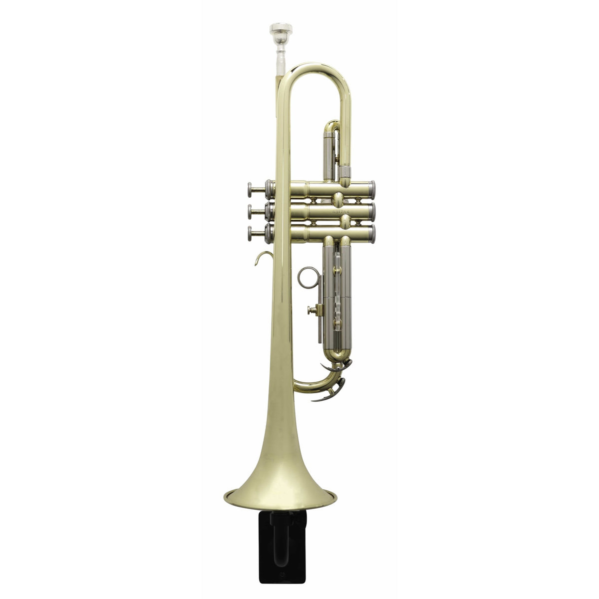 GFW-TRUMPETHNGR-BLK wall hanger in use holding a brass trumpet upright by the bell with mouthpiece on top, Gator