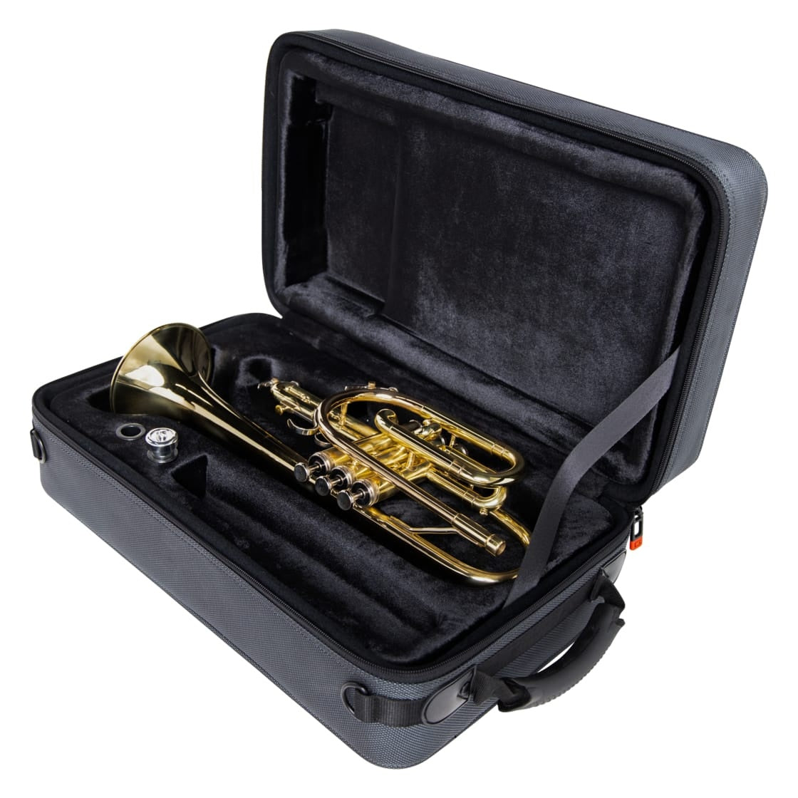 GL-CORNET-23 cornet case open showing brass cornet and mouthpiece secured in plush black-lined interior with retaining strap, Gator