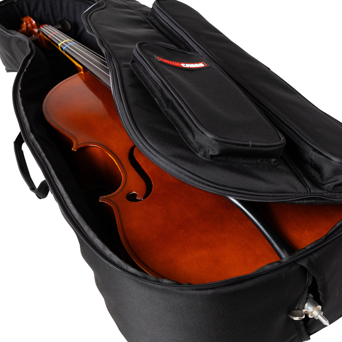 GOPB-CELLO14 pro cello bag opened to show cello secured in the padded interior, with front pocket flap folded back and endpin sleeve at the bottom, Gator