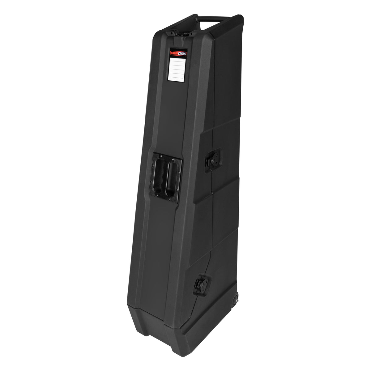 GTR-MINIVAULT-B2 mini vault closed angled view showing Gator Cases ID label, recessed side handle, butterfly latches and rear wheel, Gator