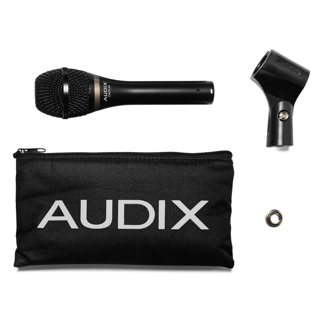 OMX-M in the box contents with black zippered Audix pouch, stand clip and thread adapter, Audix