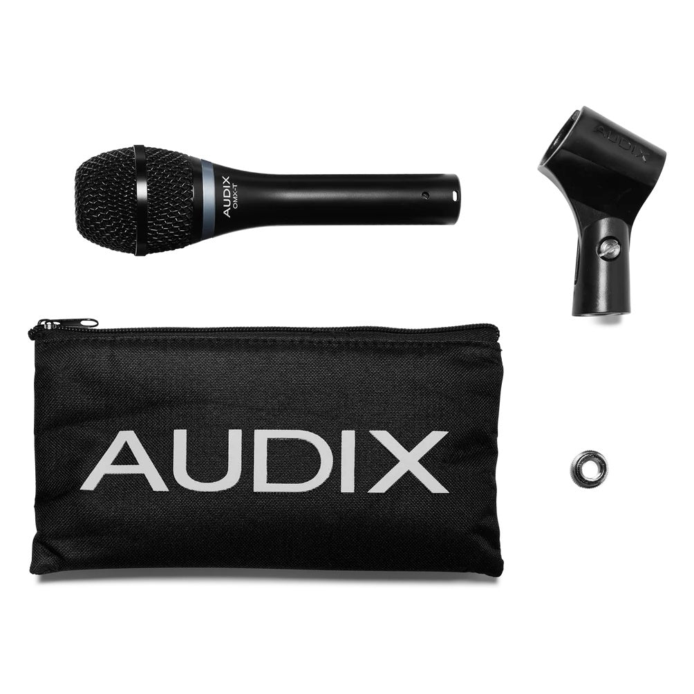 OMX-T in the box contents showing microphone, black zippered AUDIX carry pouch, stand clip and thread adapter nut, Audix