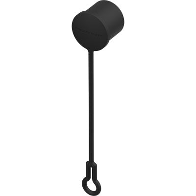 SCMX-TOP sealing cover upright perspective view with tether hanging down, black cap face with embossed logo and loop at the end, Neutrik