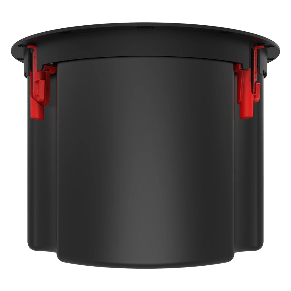PIC-800-T 8" in-ceiling speaker side view showing the black molded back can and red swing-down mounting clamps beneath the flange, Klipsch