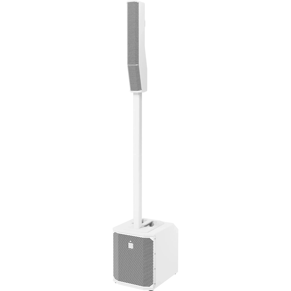 EVOLVE 30M-G2 white portable column PA system front angled view with line array column on pole above subwoofer, Electro-Voice